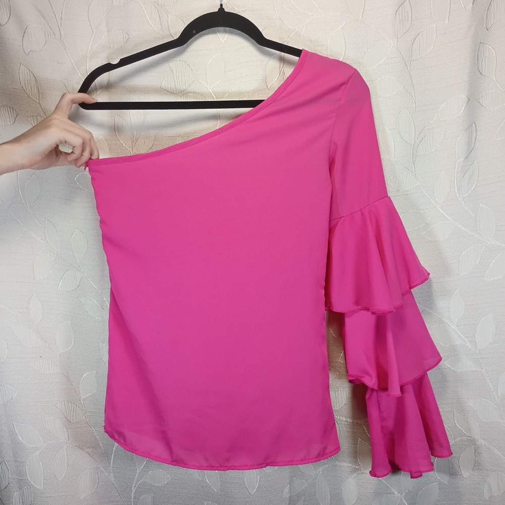 Hot Pink One Shoulder Ruffle Sleeve Blouse Asymmetrical Tiered Party Top